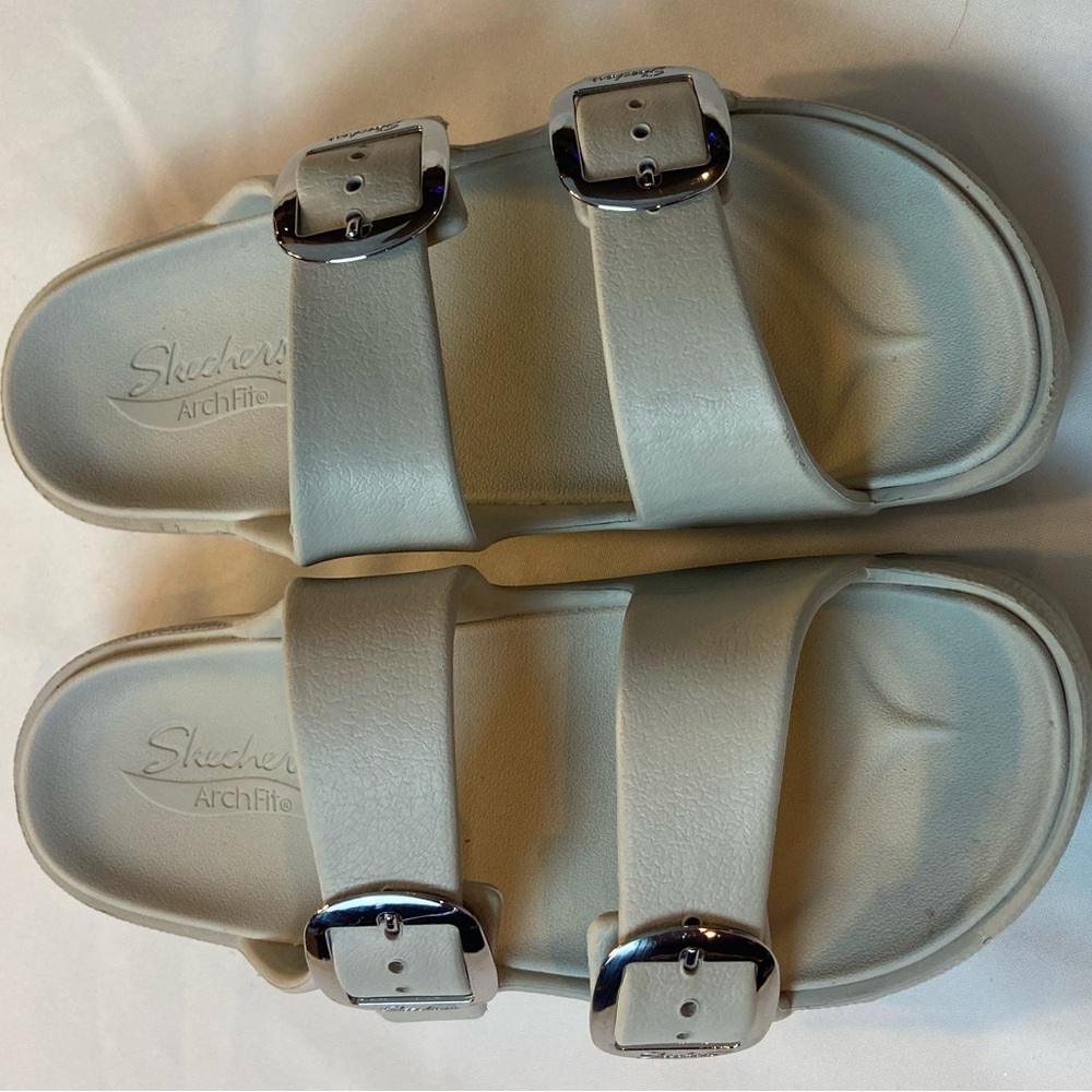 Skechers Cream Double-Buckle Arch Fit Slide Sandals for Women